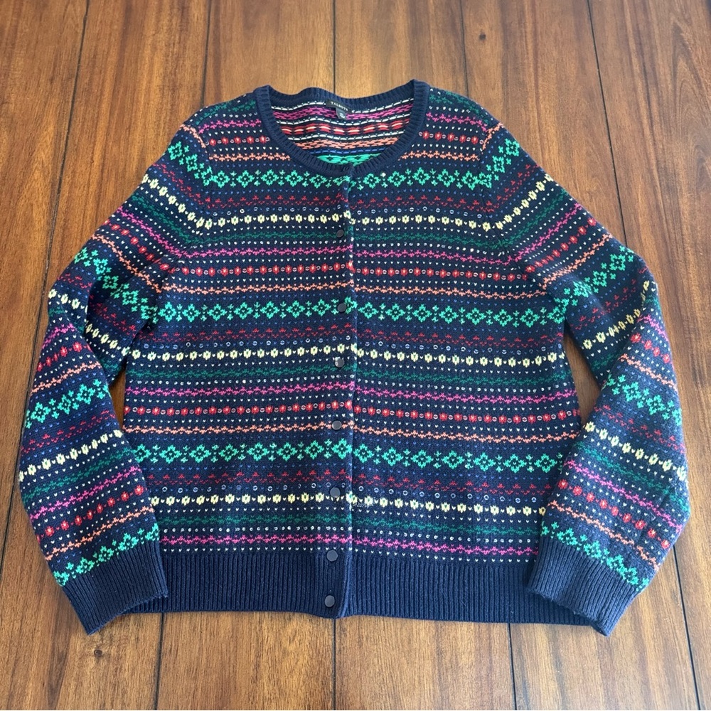 Talbots Women’s Fair‎ Isle Striped Cardigan Navy Sequins Wool-Blend Size XL